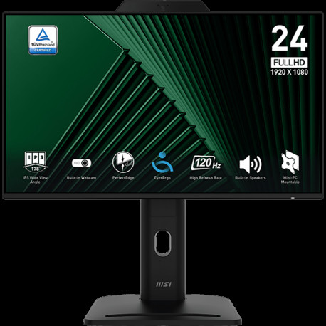 Монитор 23.8" MSI PRO MP242PMG IPS, 1920x1080, 120Hz, 4ms, 300сd/m, 1500:1, HDR | VGA, HDMI(1.4b), DP(1.2a), 2xUSB2.0 | HAS, Pivot, Swivel, InPSU, Speakers, Cam, Vesa 100, Black