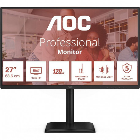 Монитор 27" AOC Q27E4CV IPS, 2560x1440, 120Hz, 4ms, 350сd/m, 1500:1 | HDMI(2.0), DP(1.4), Type-C(PD-90W), 4xUSB 3.2, RJ45 | HAS, Pivot, Swivel, InPSU, Speakers, Vesa 100, Black