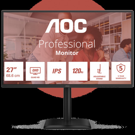Монитор 27" AOC Q27E4U IPS, 2560x1440, 120Hz, 4ms, 350сd/m, 1500:1 | HDMI(2.0), DP(1.4), 4xUSB 3.2 | HAS, Pivot, Swivel, InPSU, Speakers, Vesa 100, Black