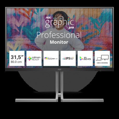 Монитор 31.5" AOC U32U3CV IPS, 3840x2160, 60Hz, 4ms, 400сd/m, 1000:1, HDR10 | 2xHDMI(2.0), DP(1.4), Type-C(PD-96W), 4xUSB 3.2, RJ45 | HAS, InPSU, Speakers, Vesa 100, Black/Grey