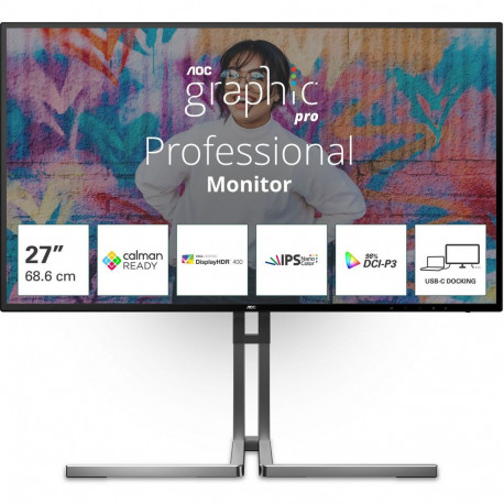 Монитор 27" AOC U27U3CV Nano IPS, 3840x2160, 60Hz, 4ms, 400сd/m, 1300:1, HDR10 | 2xHDMI(2.0), DP(1.4), Type-C(PD-96W), 4xUSB 3.2, RJ45 | HAS, Pivot, Swivel, InPSU, Speakers, Vesa 100, Black