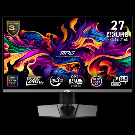 Монитор 26.5" MSI MPG 272URX QD-OLED QD-OLED, 3840x2160, 240Hz, 0,03ms, 250сd/m, 1500000:1, HDR10 | 2xHDMI(2.1), DP(2.1a), Type-C(PD-98W), 2xUSB3.2 | HAS, Swivel, InPSU, Vesa 100, Black